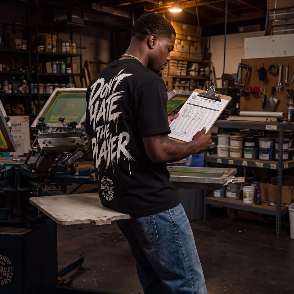 Model wearing Don't Hate The Player graphic tee by Blvnt Objekt Ink