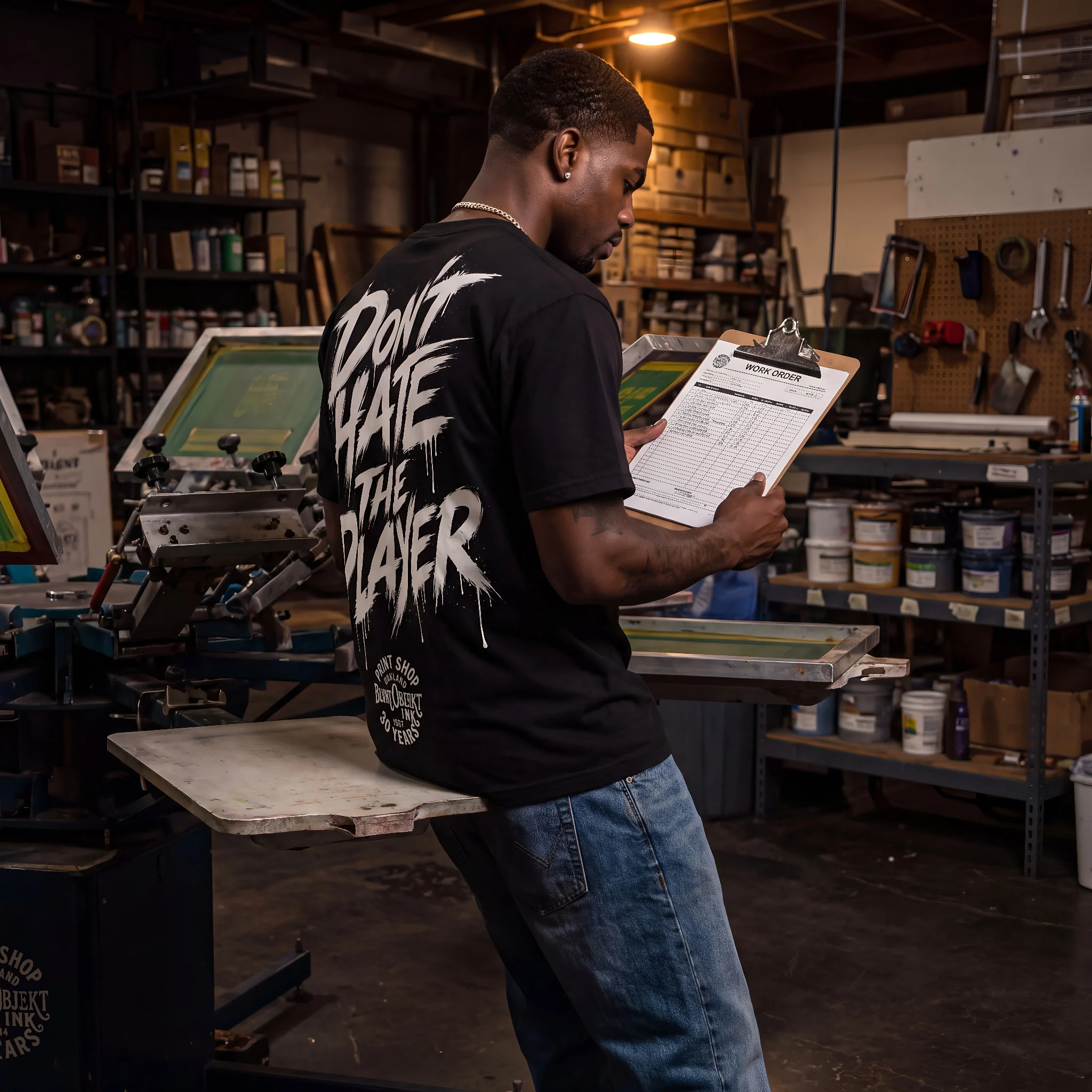 Model wearing Don't Hate The Player graphic tee by Blvnt Objekt Ink